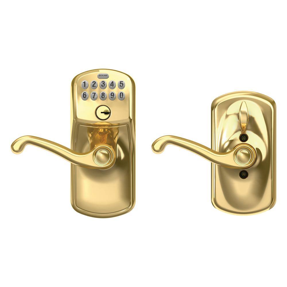 Schlage Plymouth Bright Brass Electronic Keypad Door Lock with Flair Handle and Flex Lock FE595 V PLY 505 FLA 605