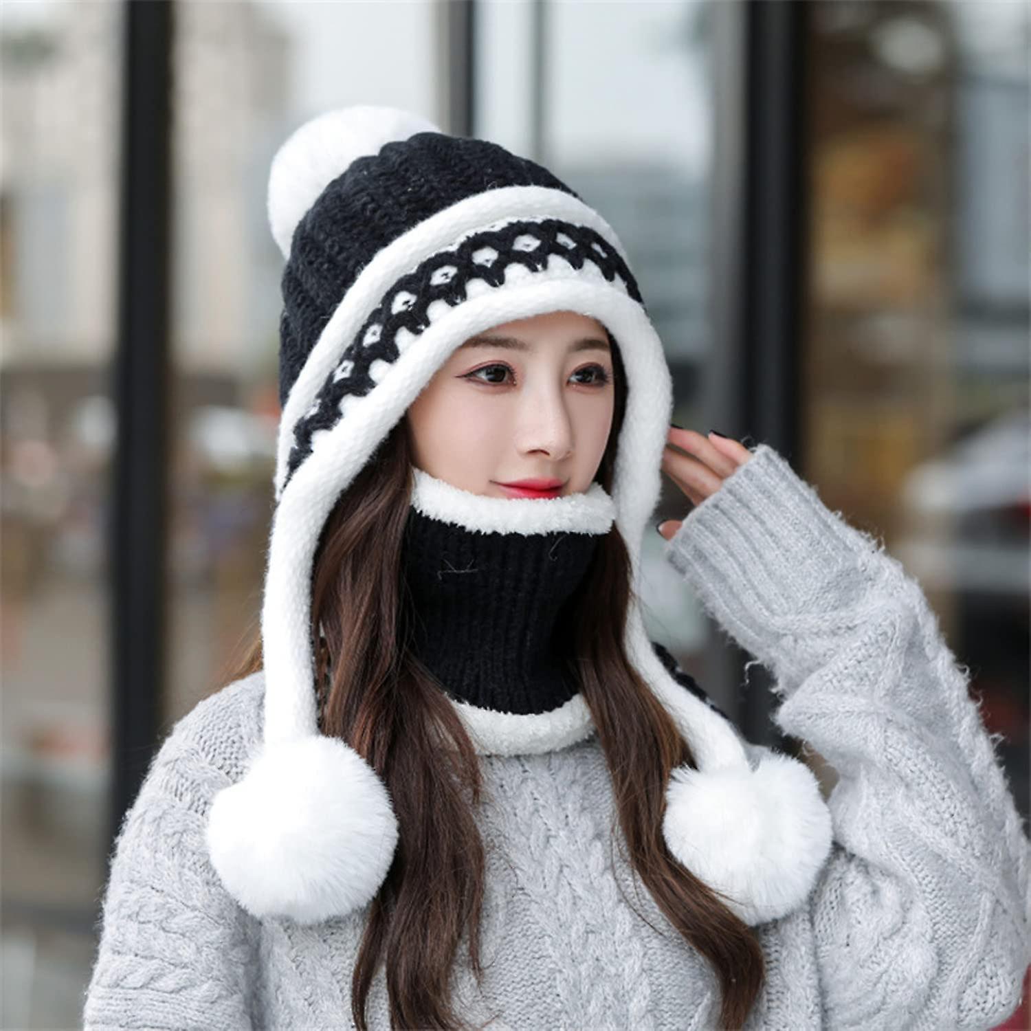 Women Winter Beanie Hat Peruvian Circle Scarf Set Ski Ear Flaps Caps Dual Layered Fleece Lined Pompoms Z15022-black -