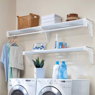 EZ Shelf Expandable Laundry Room Shelves with Closet Rod 40 in. W. - 75 in. W. White Wire Wall Mounted Shelf Kit with Brackets EZS-K-WLR