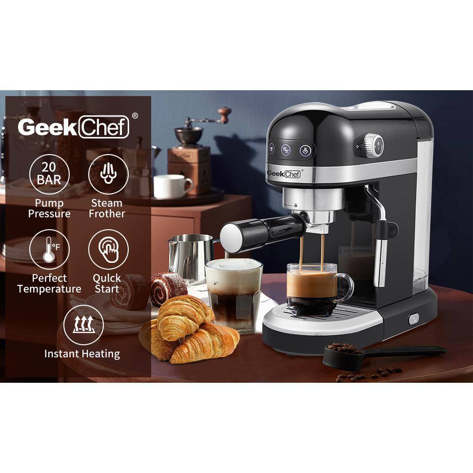 Edendirect 1350-Watt 2-Cup Black Espresso Machine 20-Bar Compact Coffee Maker with Milk Frother Steam Wand and 1.4 l Water Tank GBKXYGCF20D