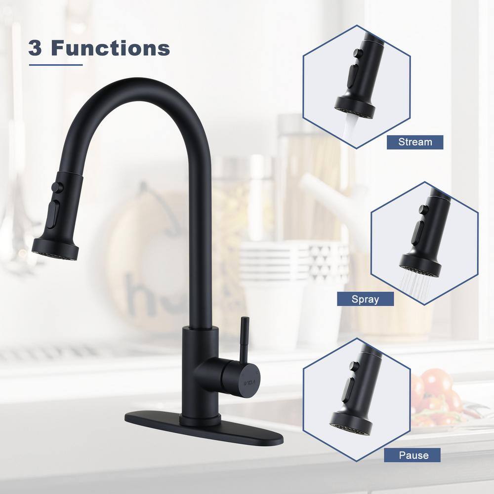 IVIGA Henassor Single Handle Pull-Down Sprayer Kitchen Faucet with Deck Plate in Black VG2312601B