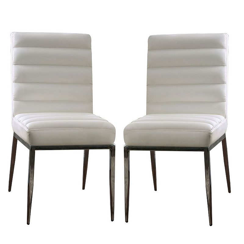 Leatherette Side Chairs with Horizontal Tufted Channels， Set of 2， White