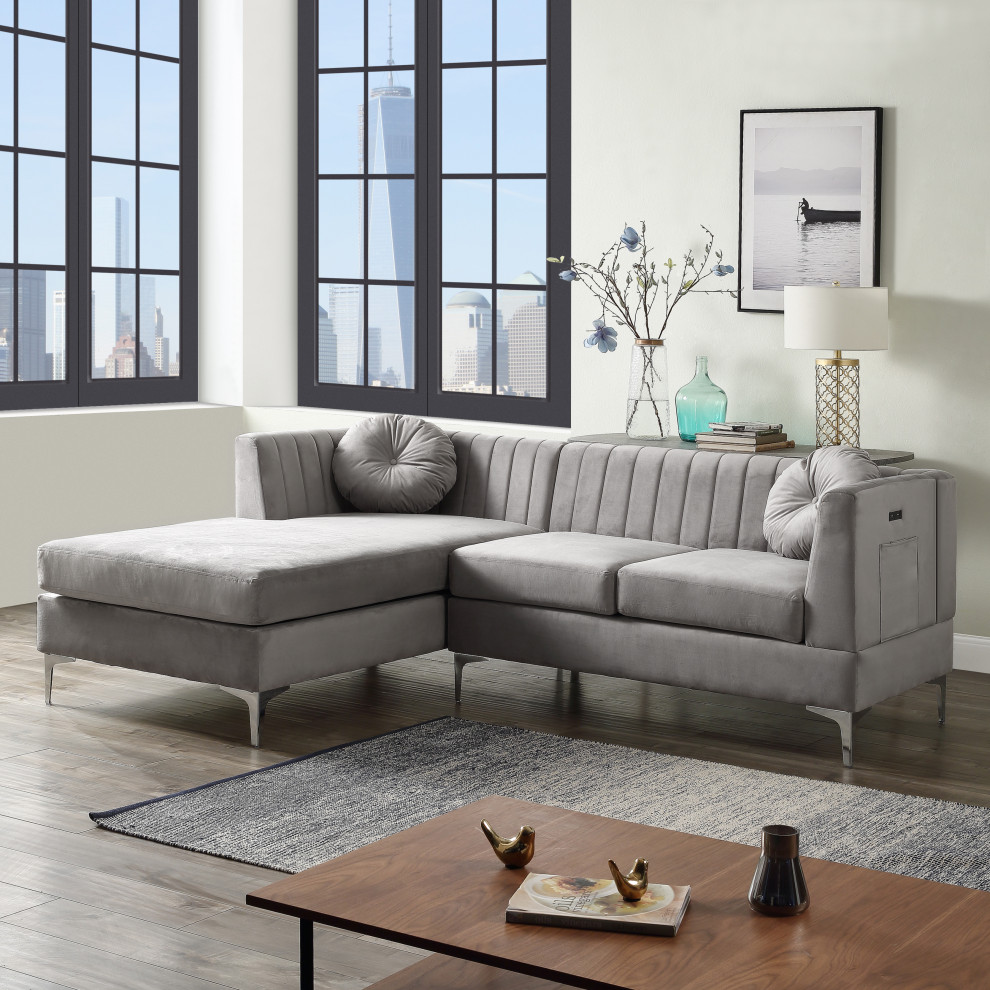 Chloe Velvet Sectional Sofa Chaise With USB Charging Port   Midcentury   Sectional Sofas   by Lilola Home  Houzz