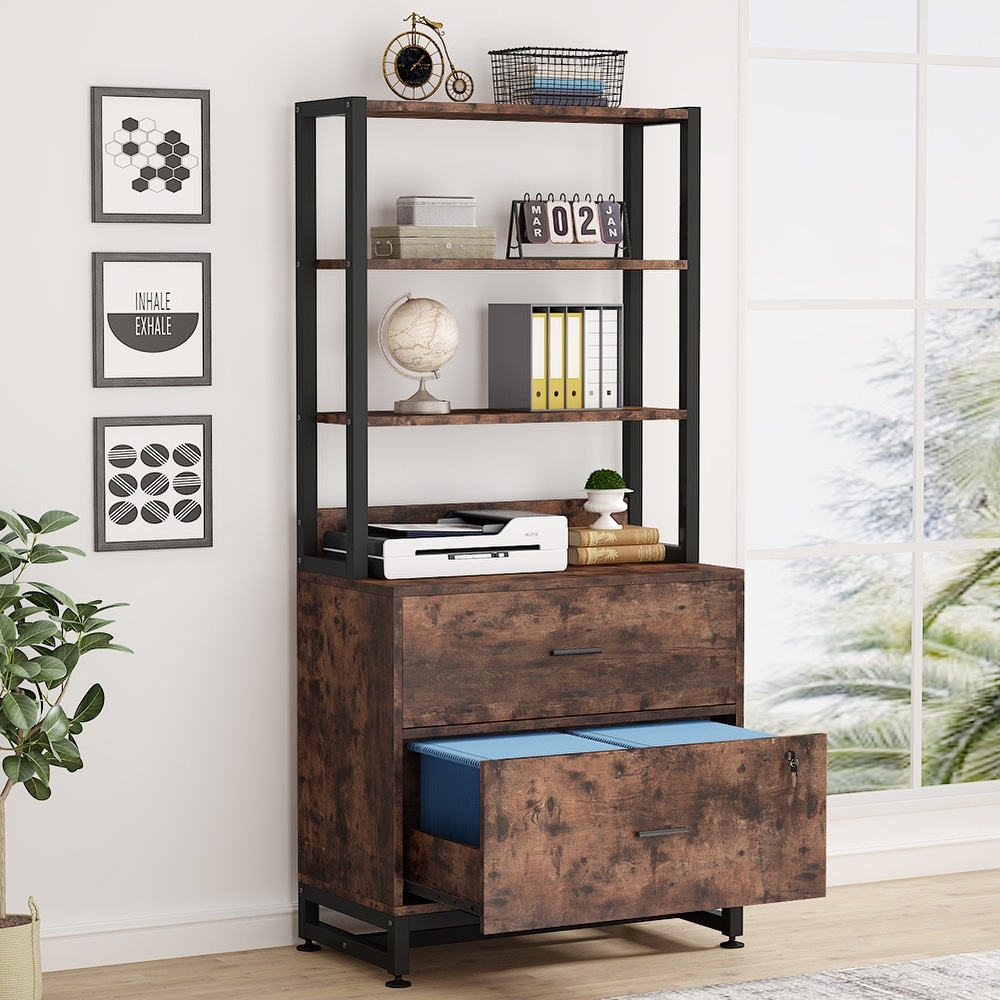 Bookshelf Bookcase with Open Storage Shelves 2 Drawer