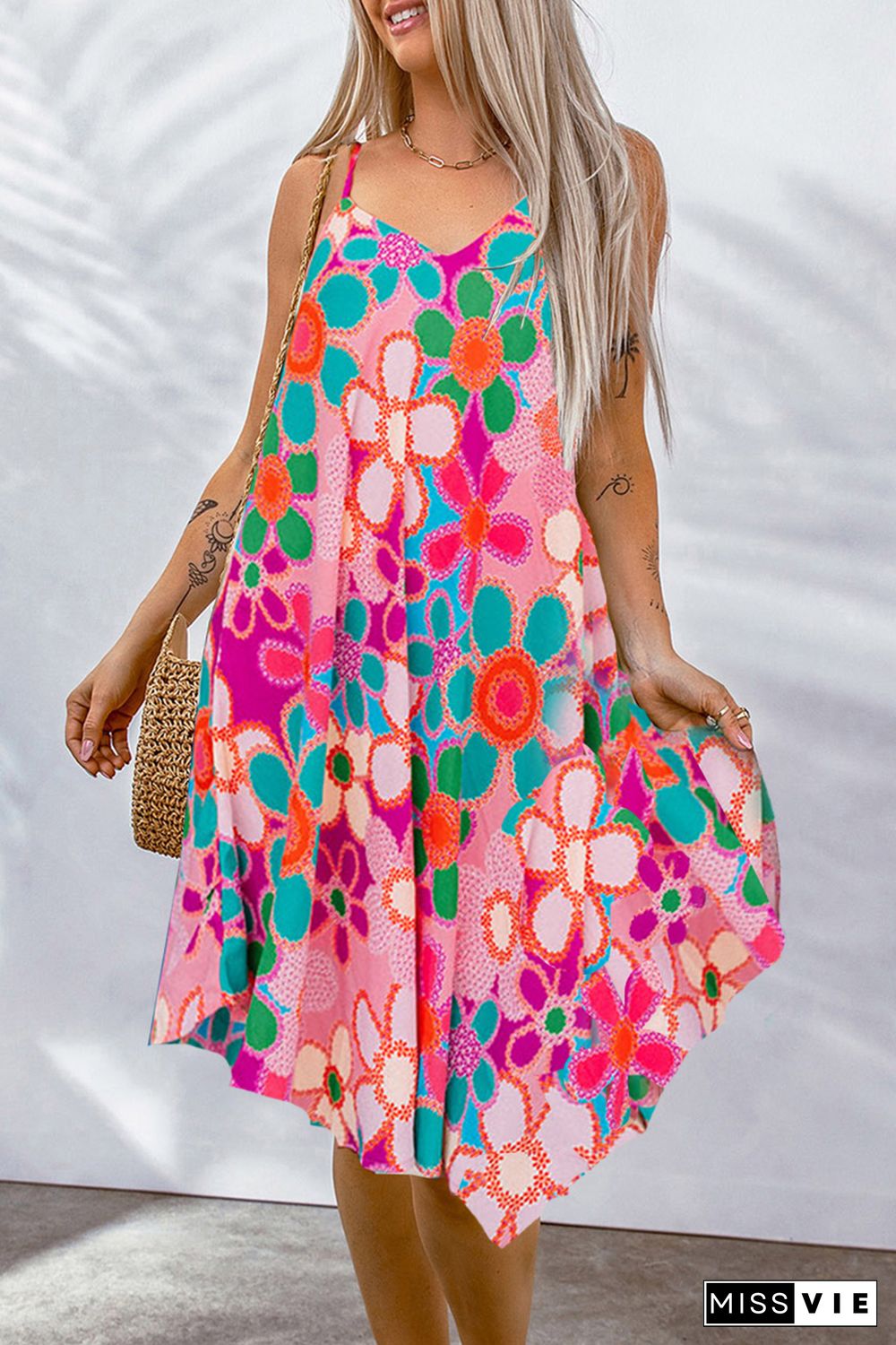 Pink Floral Print Spaghetti STraps Flowy Midi Dress