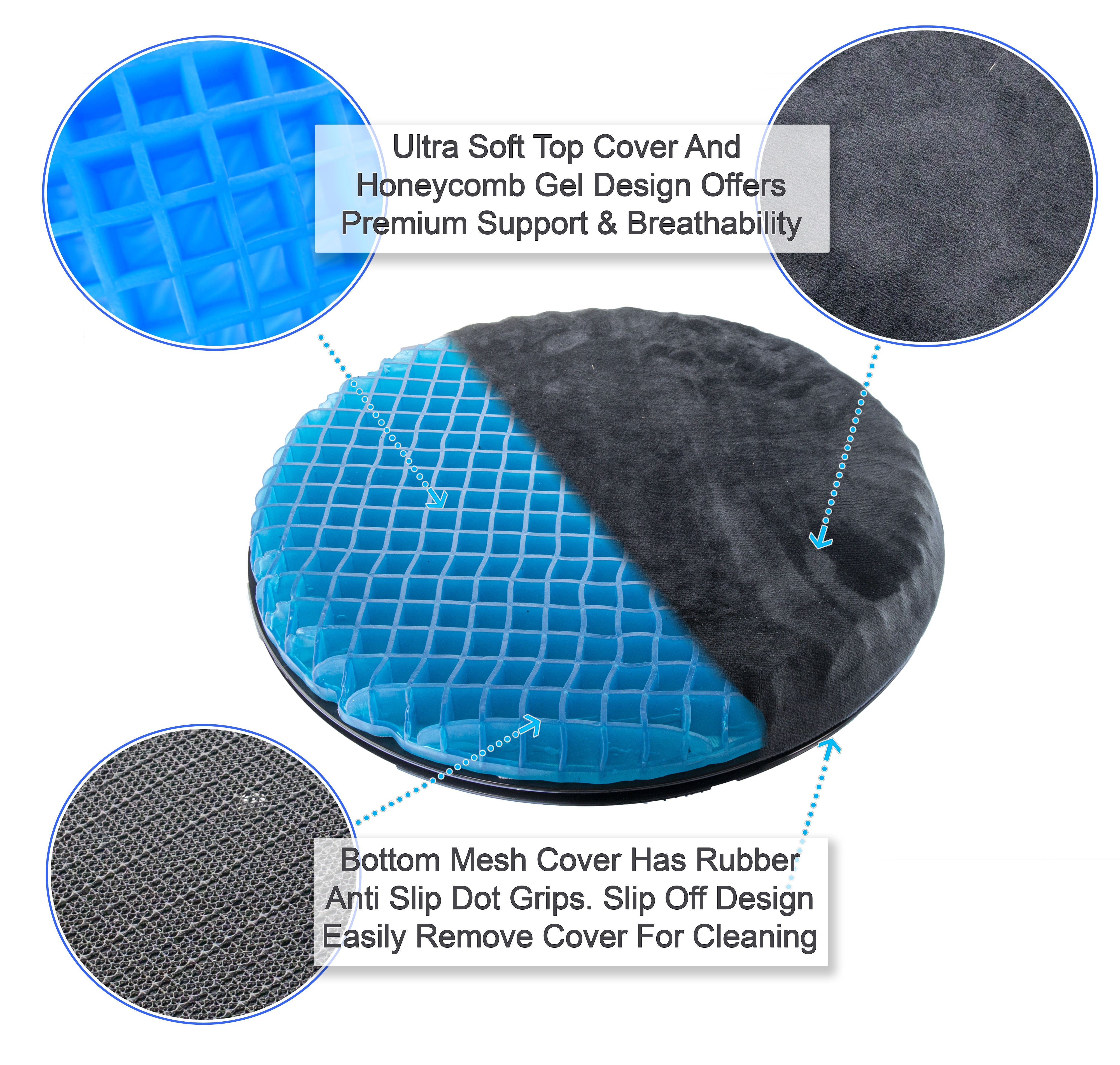 360 Degree Swivel Rotation Honeycomb Gel Cushion - Orthopedic Cooling Gel Memory Foam Seat Chair Pad For Office， Car， Truck， and Wheelchair - Improves Posture， Non-Slip Bottom， Washable Cover