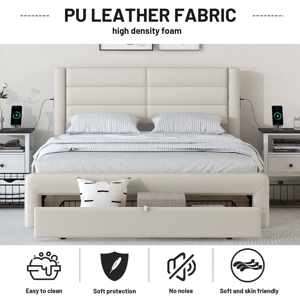 Queen Size Platform Bed Frame with Drawers Storage  Leather Upholstered Platform Bed Frame with Charging Station