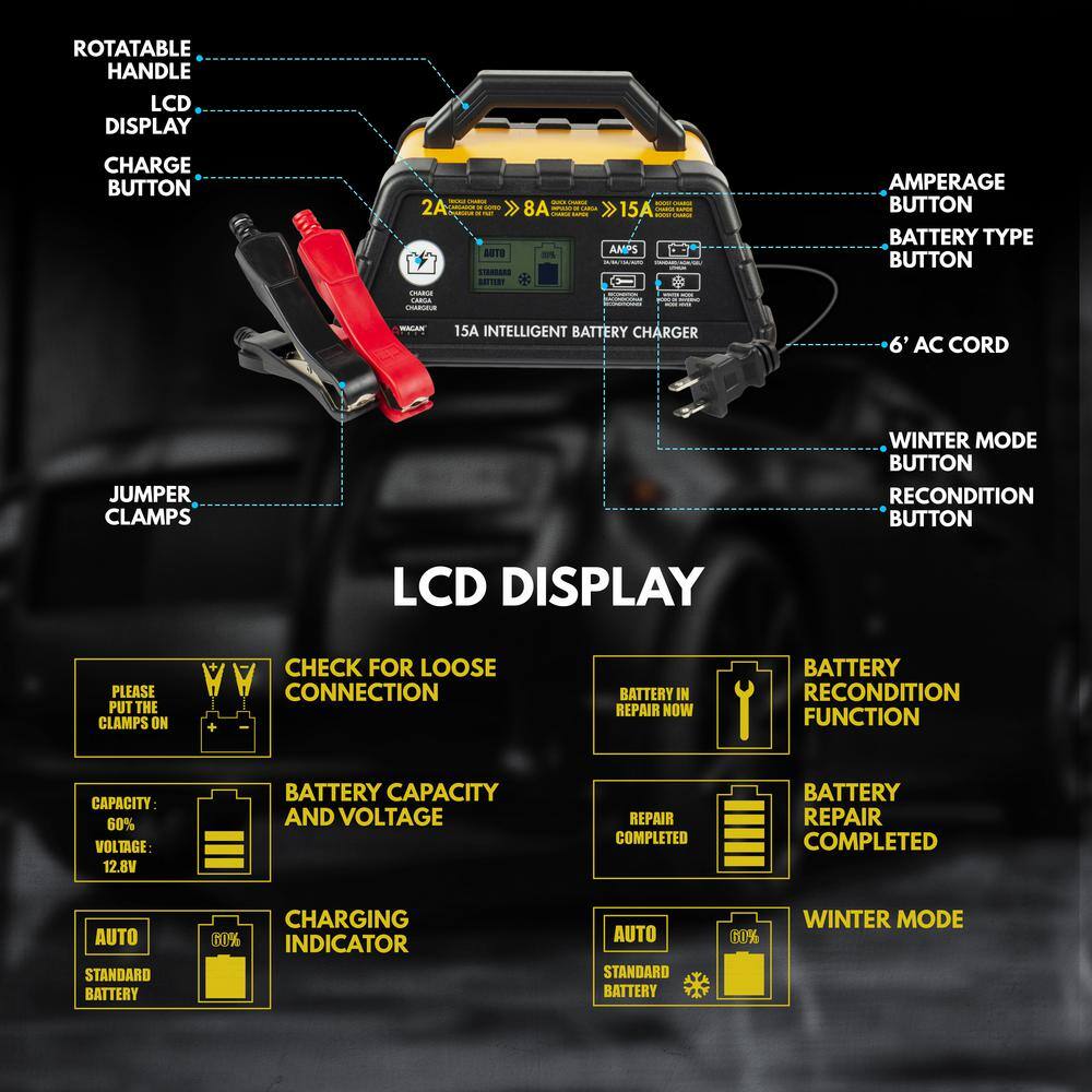 Wagan Tech 12-Volt 15 Amp 6-Stage Lithium-Capable Battery Charger EL7407