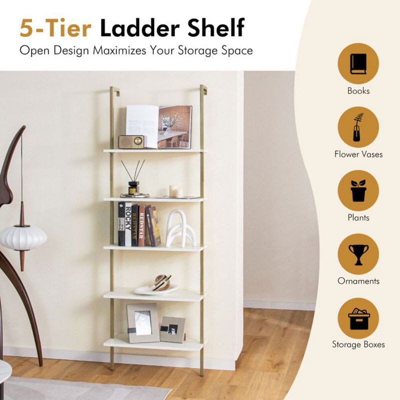 Hivago 5 Tier Ladder Shelf Wall-Mounted Bookcase with Steel Frame-Golden