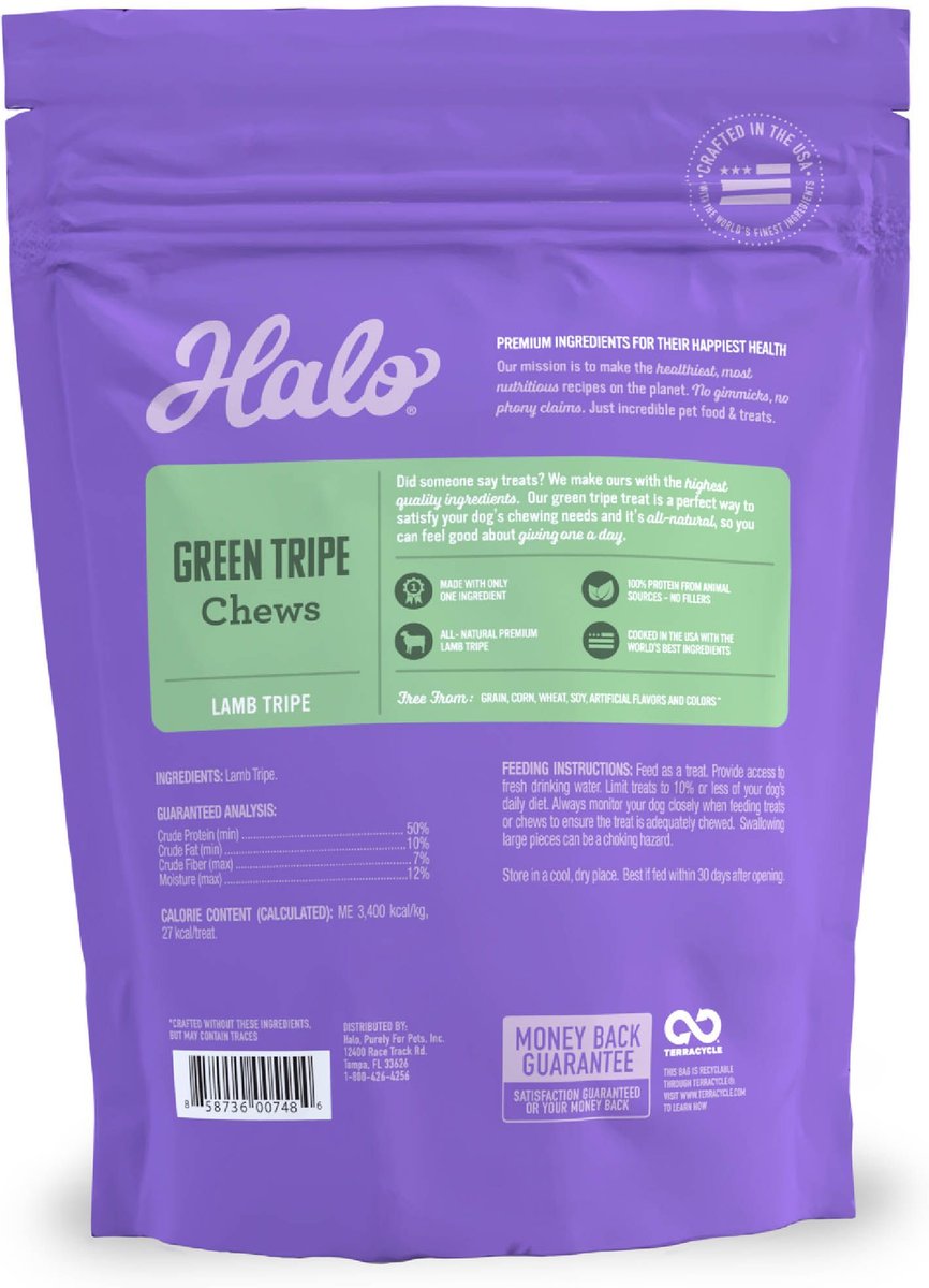 Halo Green Tripe Lamb Flavored Dog Chew， 6-oz pouch