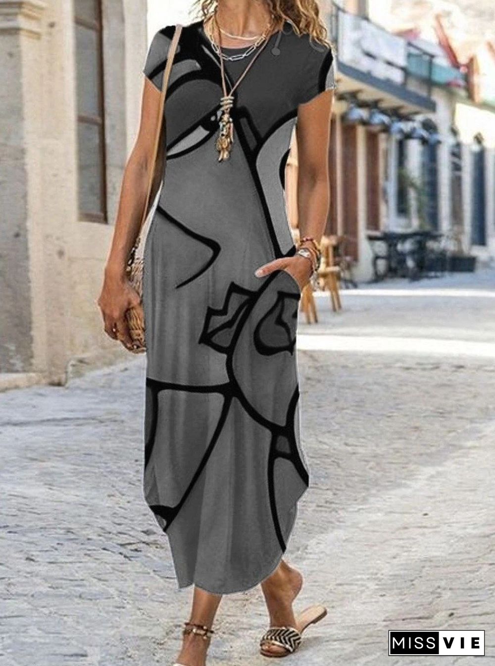 Casual Art Print Short Sleeve Maxi Dress