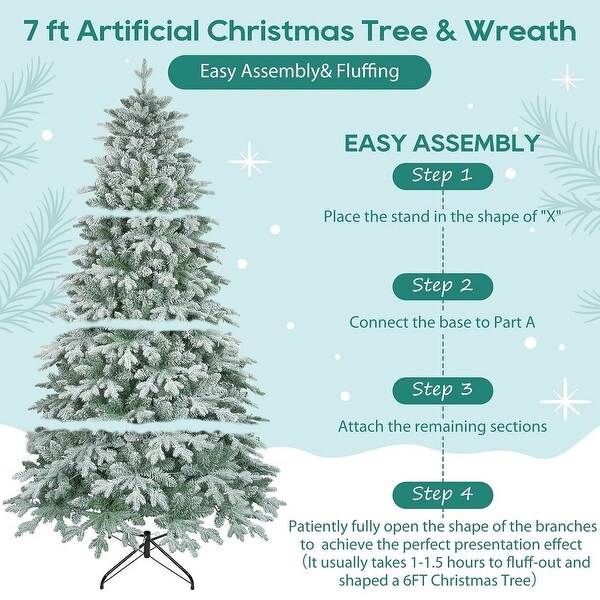 7ft Lighted Artificial Christmas Tree with 1300 Branches，Durable Metal Stand，Easy Assembly，Hinged Xmas Tree