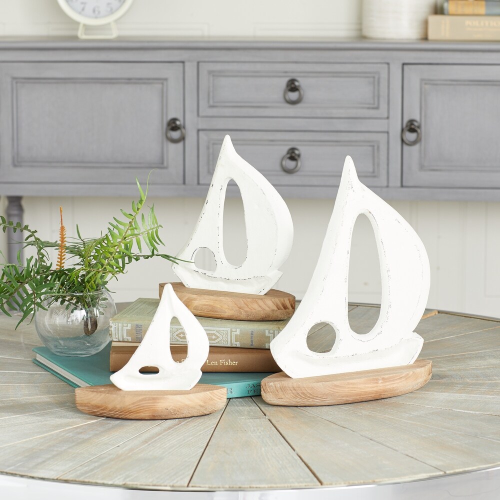 White or Blue Wood Sail Boat Sculpture with Wood Base (Set of 3)   S/3 11\