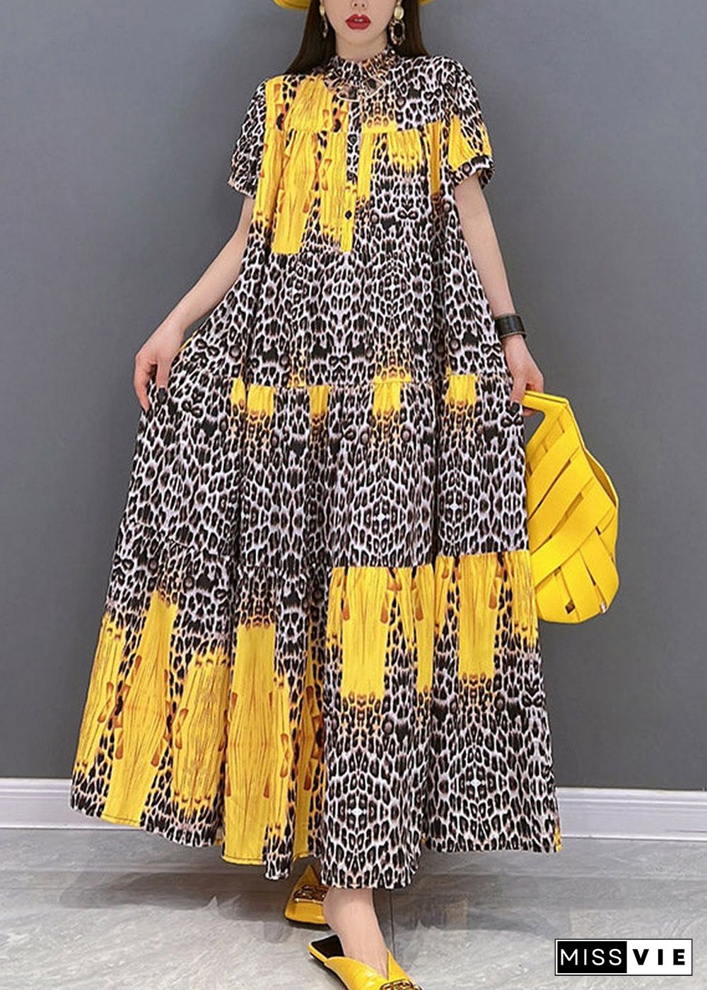 Yellow Print Patchwork Long Dress Short Sleeve