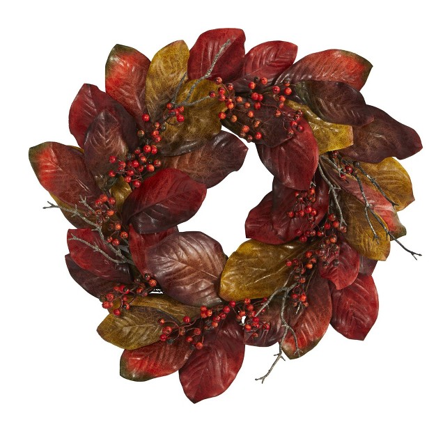 Nearly Natural 24 Harvest Magnolia Leaf And Berries Artificial Wreath