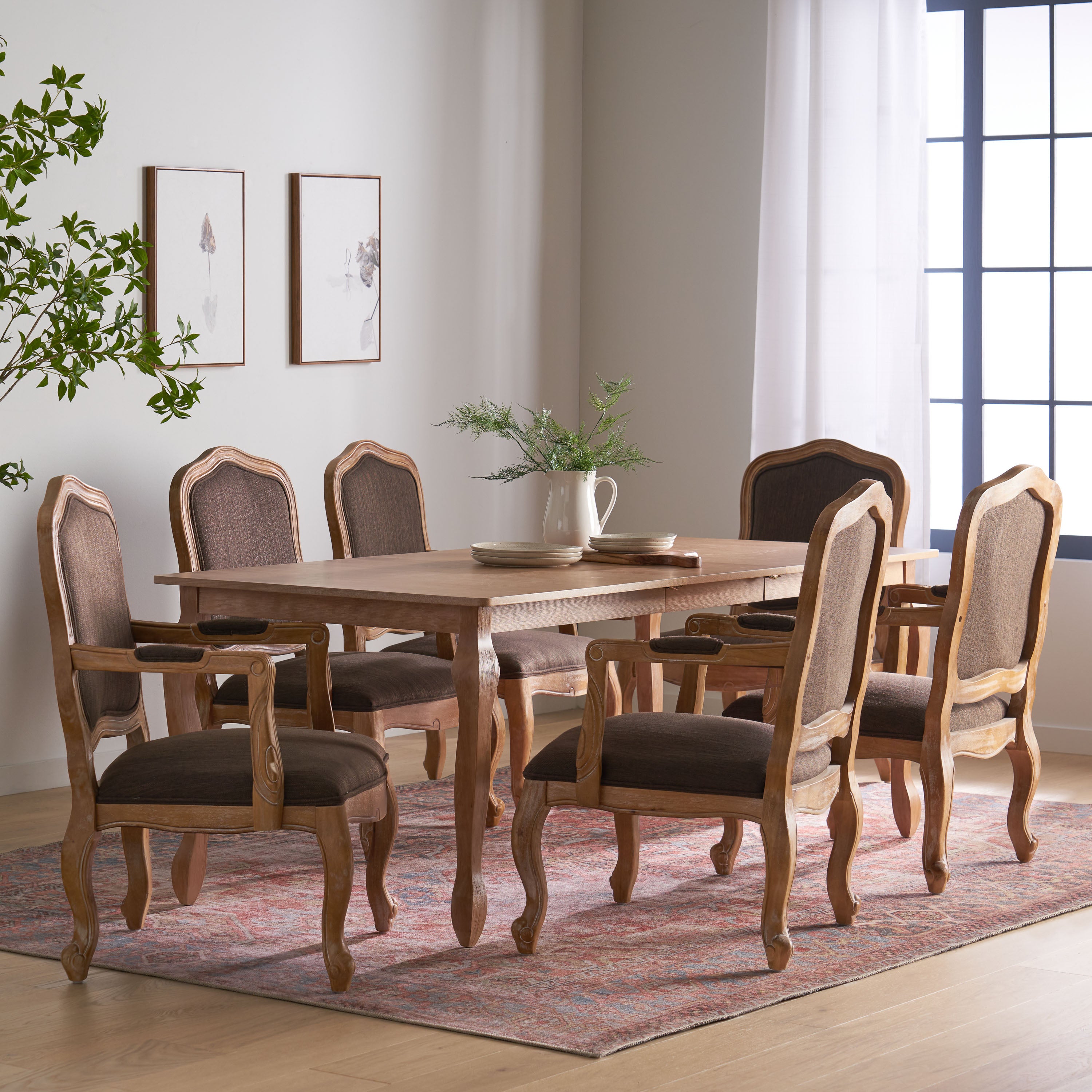 Bonview French Country Fabric Upholstered Wood Expandable 7 Piece Dining Set