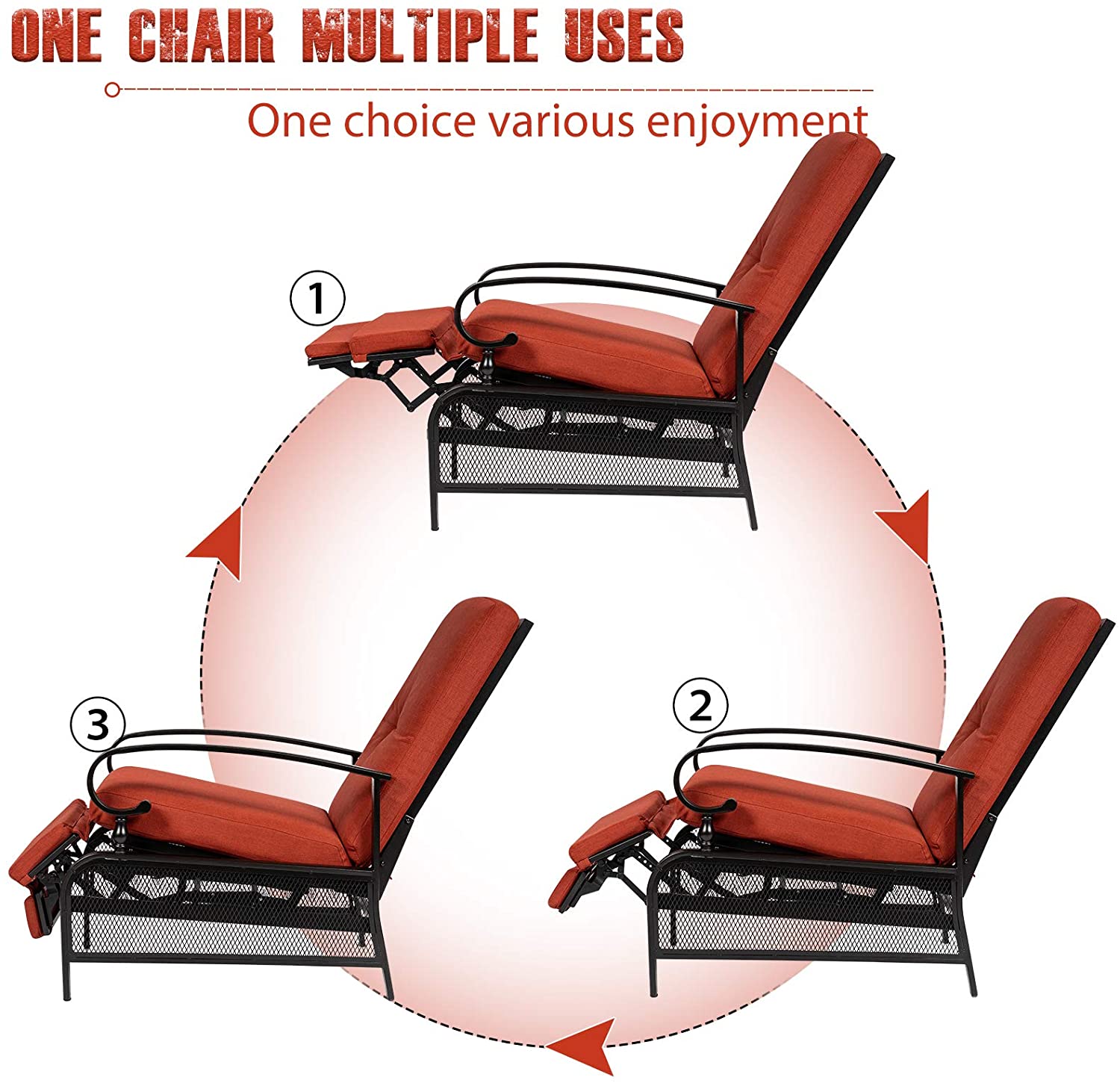 SUNCROWN 2-Piece Patio Recliner Outdoor Adjustable Lounge Chair and Metal Side Table Umbrella Base Stand, Red