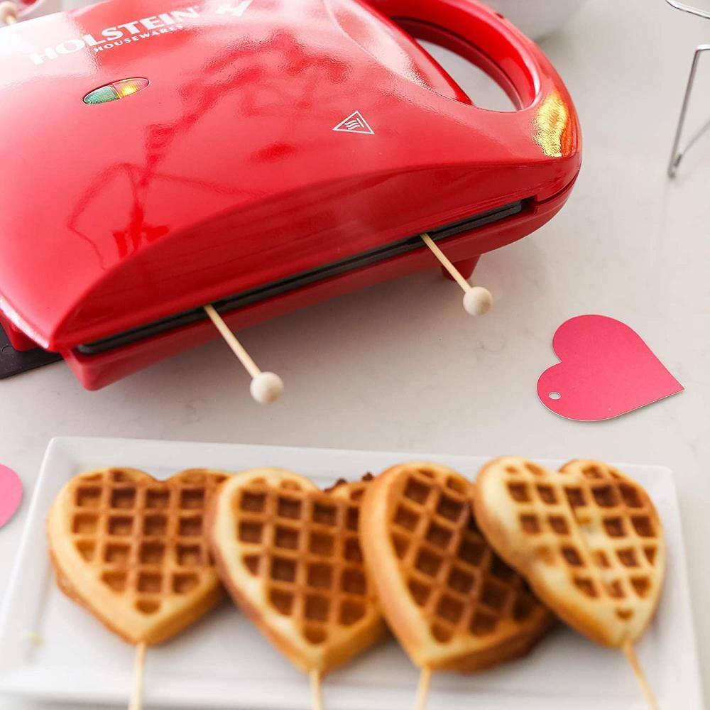 HOLSTEIN HOUSEWARES Heart-Shaped 4-Waffle Red American Waffle Maker with Recipe Booklet HF-09031R