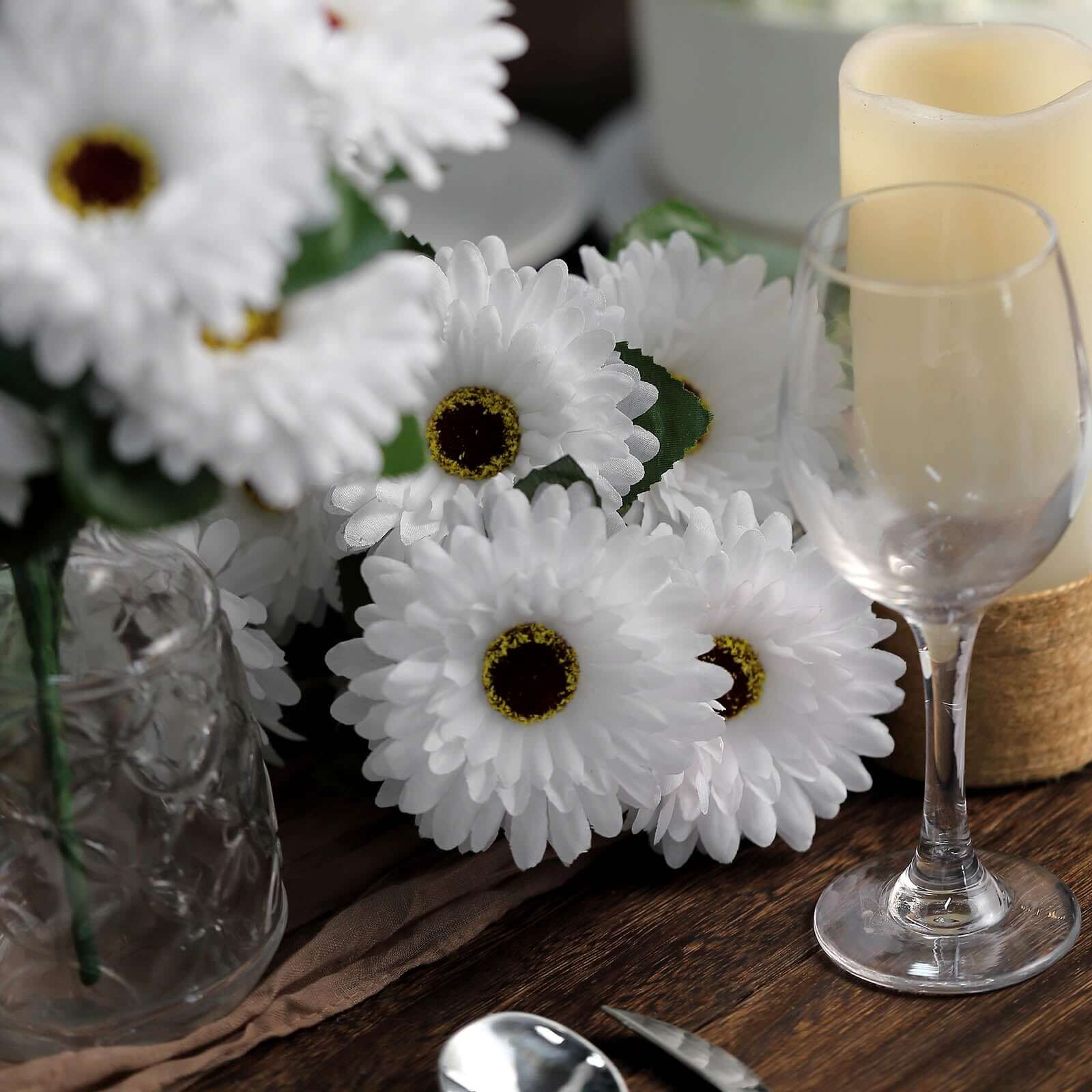 4 Bushes White Artificial Silk Gerbera Daisy Flower Bouquets, 28 Daisies