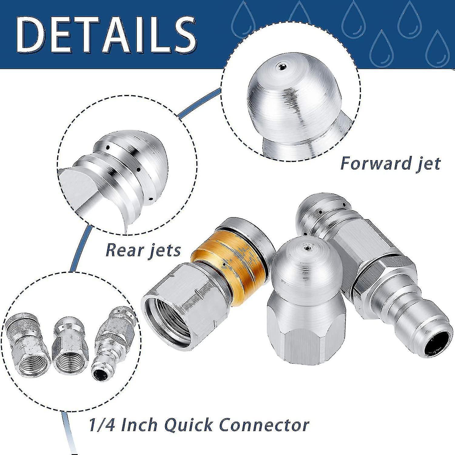 3 Pieces Sewer Nozzle Rotating Button Nose Sewer Jetting Nozzle Stainless Steel Fixed Sewer Nozzle W