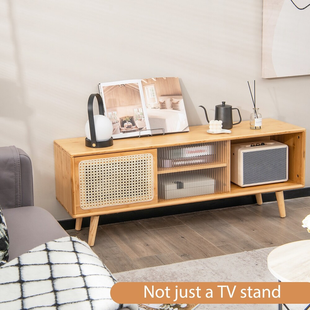 Costway Modern TV Stand Entertainment Center Media Console w/Rattan   47.5'' x 12'' x 18''(L x W x H)