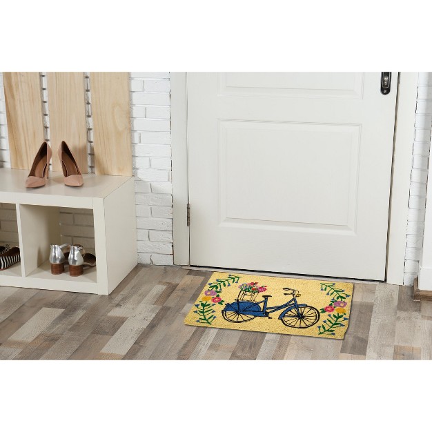 Blue Bicycle Bright Flowers Rectangle Indoor And Outdoor Coir Door Welcome Mat Multicolored On Beige Background