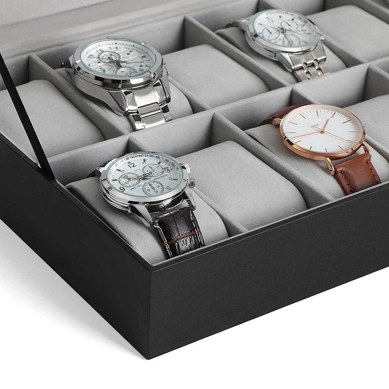 12 Slots Watch Box， Watch Holder with Glass Lid， Watch Case with Removable Watch Pillow