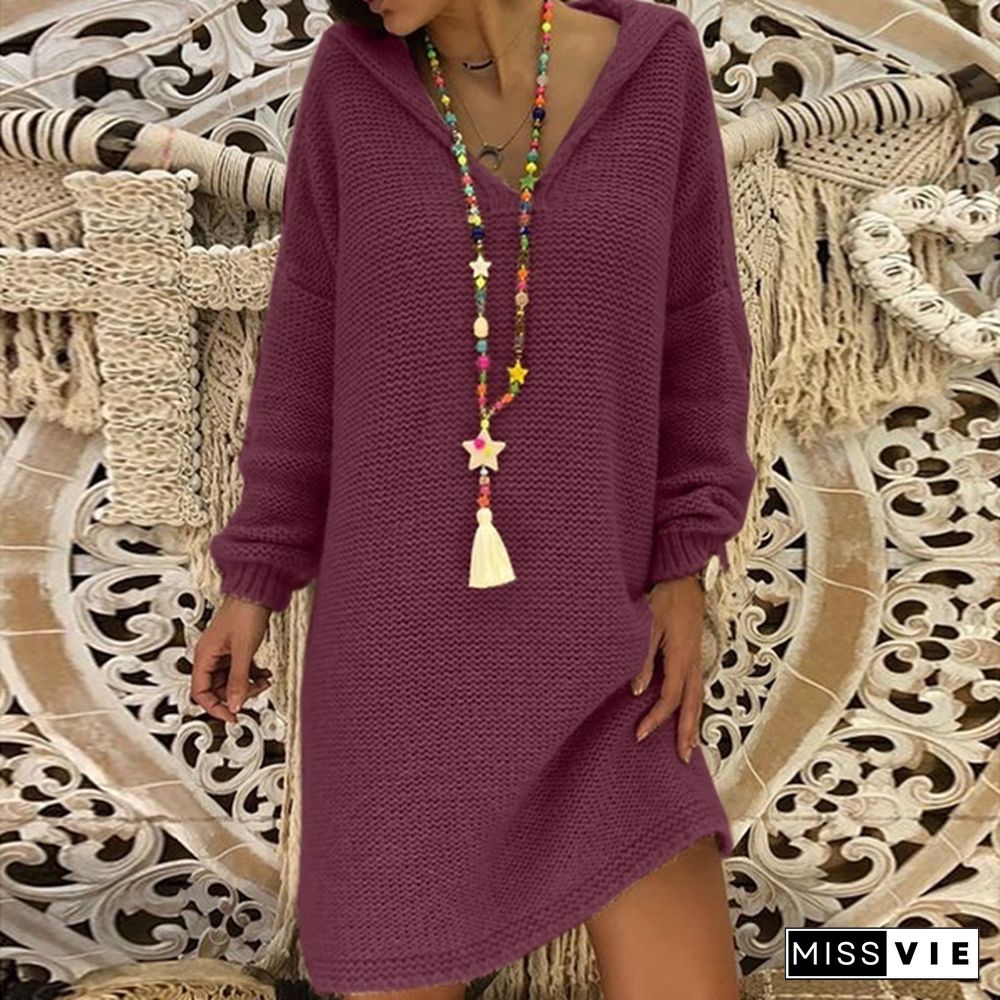 5 Color Autumn Winter New Women Fashion Casual Style Long Sleeve Knitted Sweater Dress Hooded Long Pullovers Tops Solid Color Knitted Dress Plus Size S-5XL