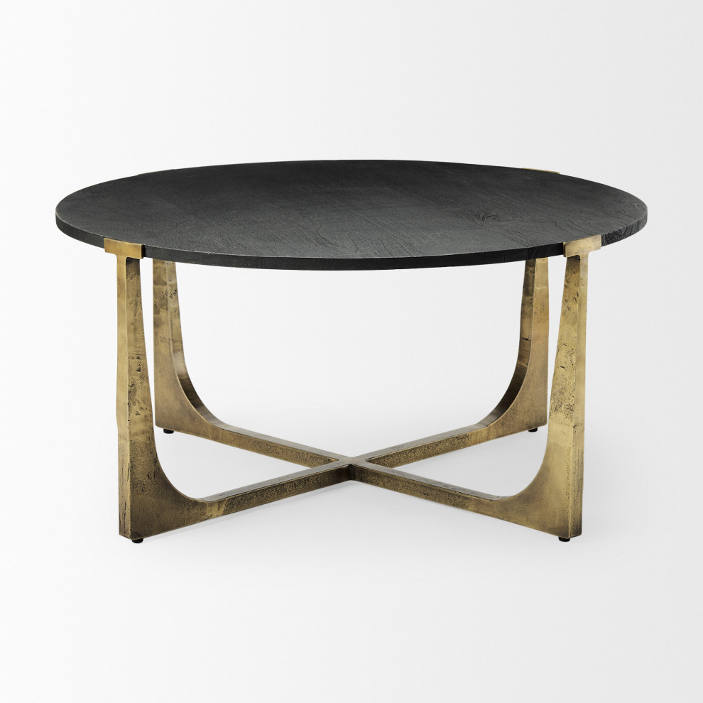 Atticus Black Solid Wood And Antiqued Gold Metal Round Coffee Table   Modern   Coffee Tables   by Mercana  Houzz