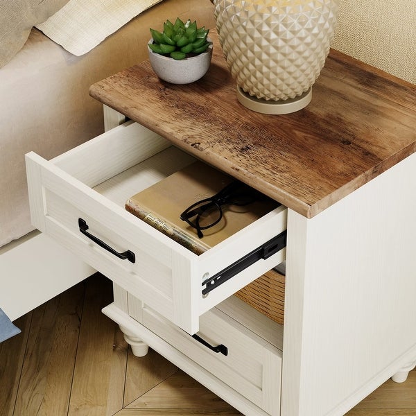 Mid Century End Table Nightstand with Drawer and Charging Station， White