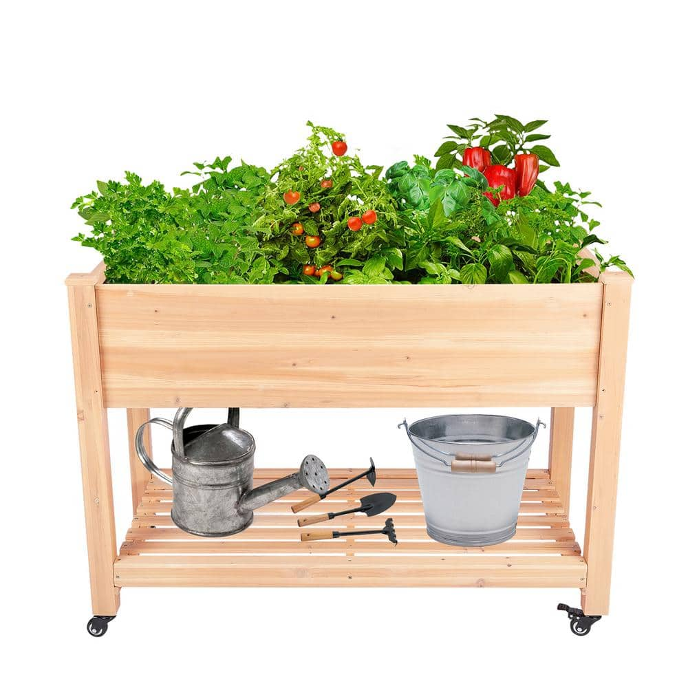 MUMTOP 46 in. x 22.4 in. x 33.8 in. Wood Raised Garden Bed with Lockable Wheels， Liner 4613590-B1