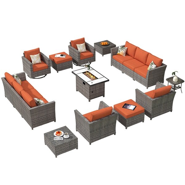 HOOOWOOO 16piece Outdoor Patio Grey Wicker Rattan Furniture Sectional Set with Fire Pit Table