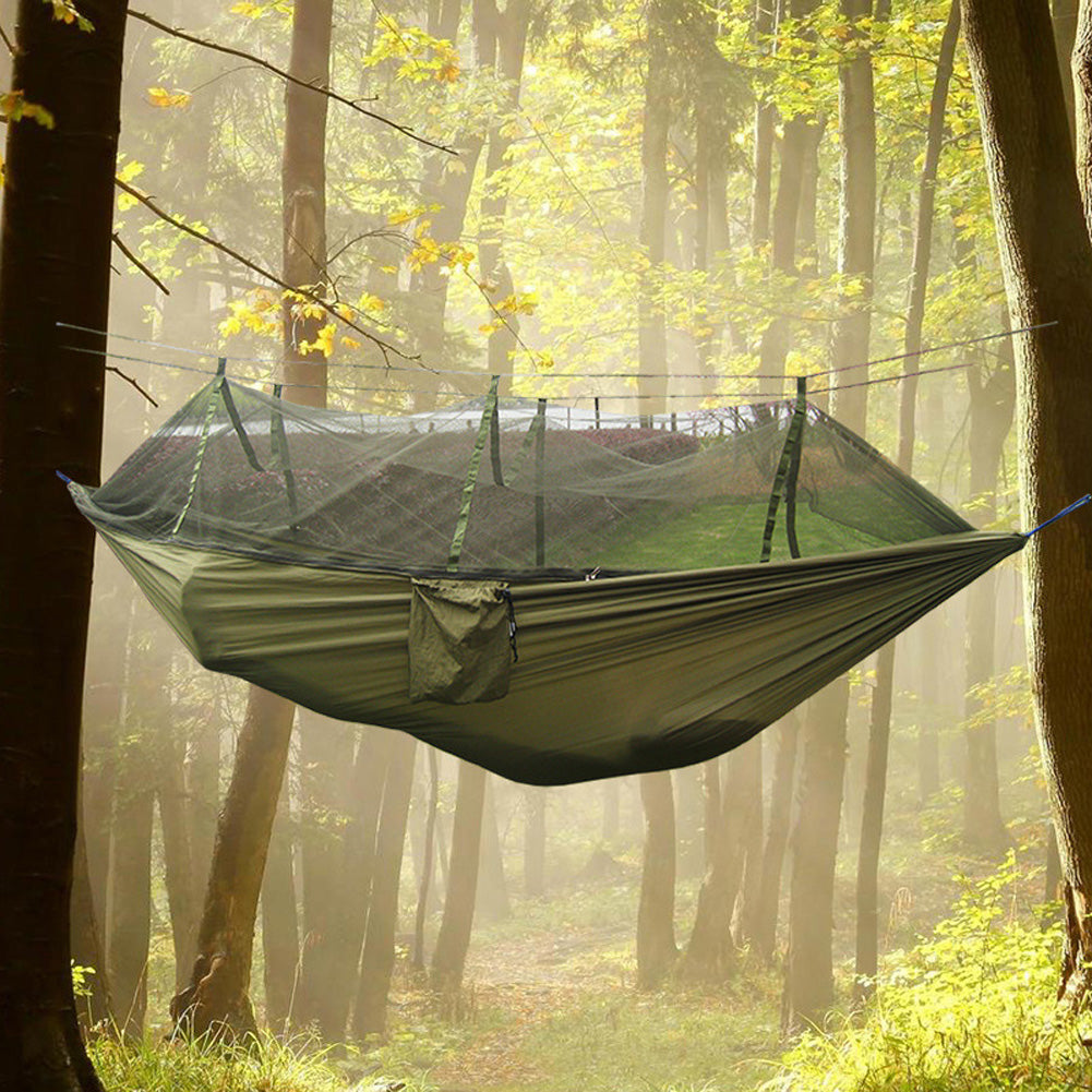 TOPCHANCES Camping Hammock with Net Mosquito, Parachute Fabric Camping Hammock Portable Nylon Hammock for Backpacking Camping Travel, Double Single Hammocks