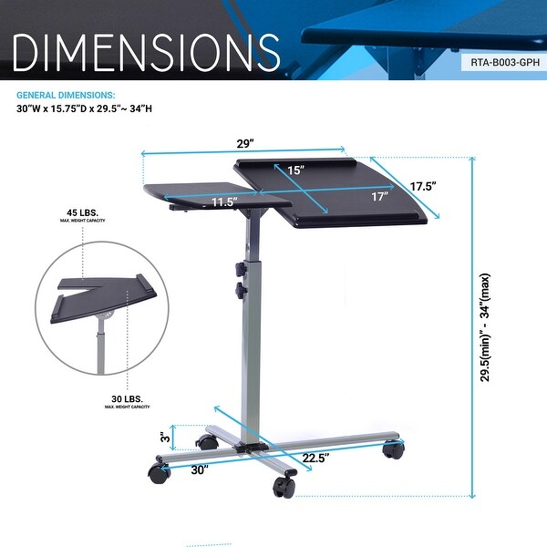 Graphite Rolling Adjustable Laptop Cart Side Table