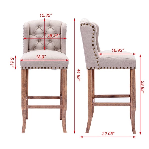 30 Inches Seat Height Bar Chairs Set of 2，Wing Back Farmhouse Nailhead Trim Upholstered Bar stools in Cream