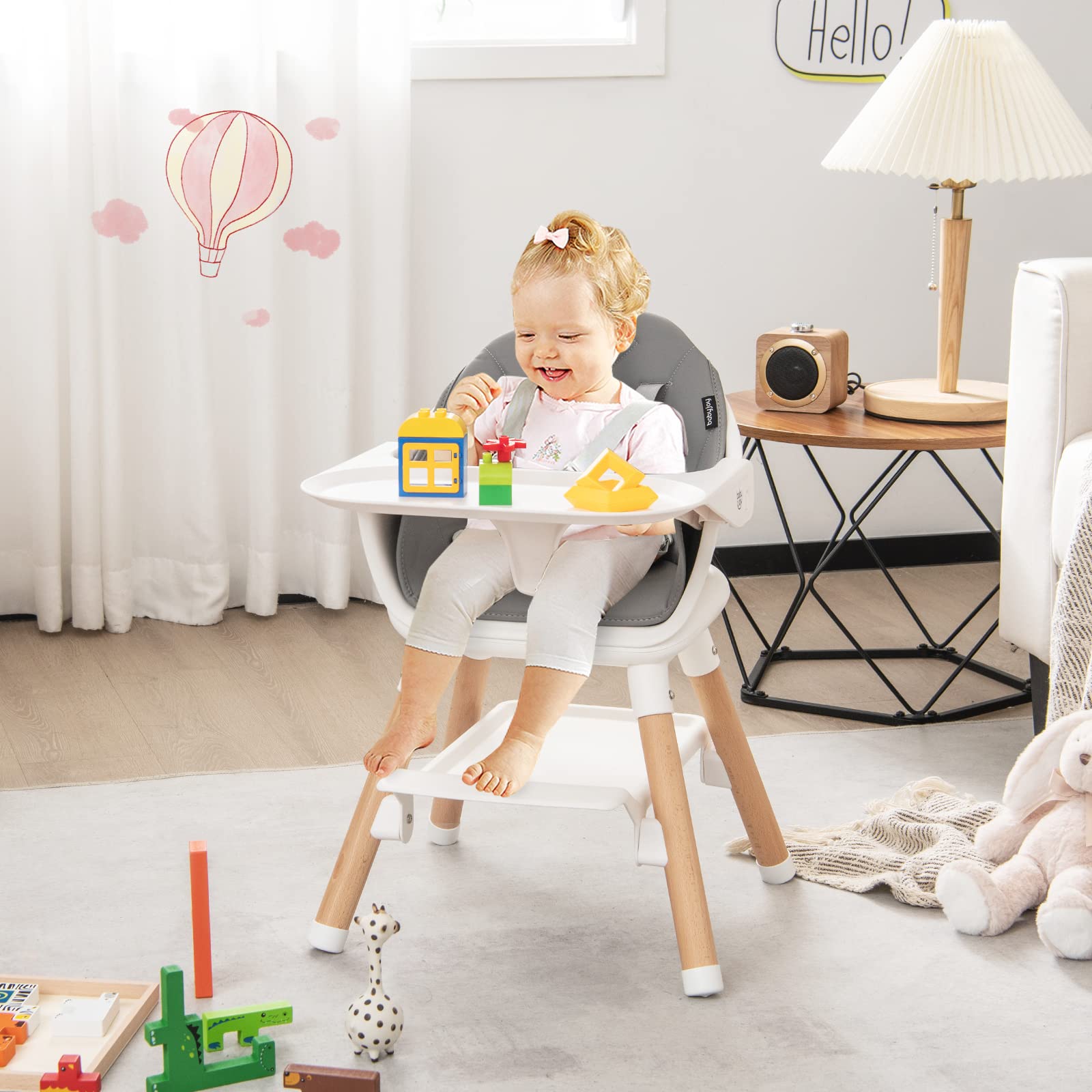 BABY JOY Baby High Chair, 6 in 1 Convertible Wooden High Chair for Babies & Toddlers with Adjustable Legs