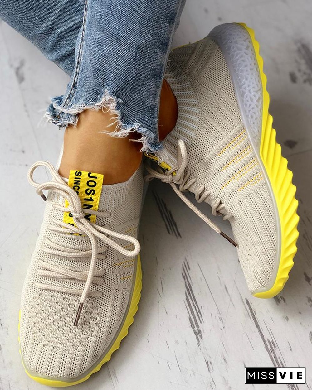 Colorblock Knitted Breathable Lace-Up Yeezy Sneakers