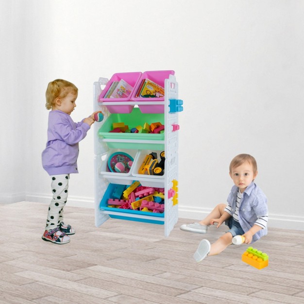 Uniplay Toy Organizer With 6 Removable Storage Bins And Block Play Panel Multi size Bin Organizer