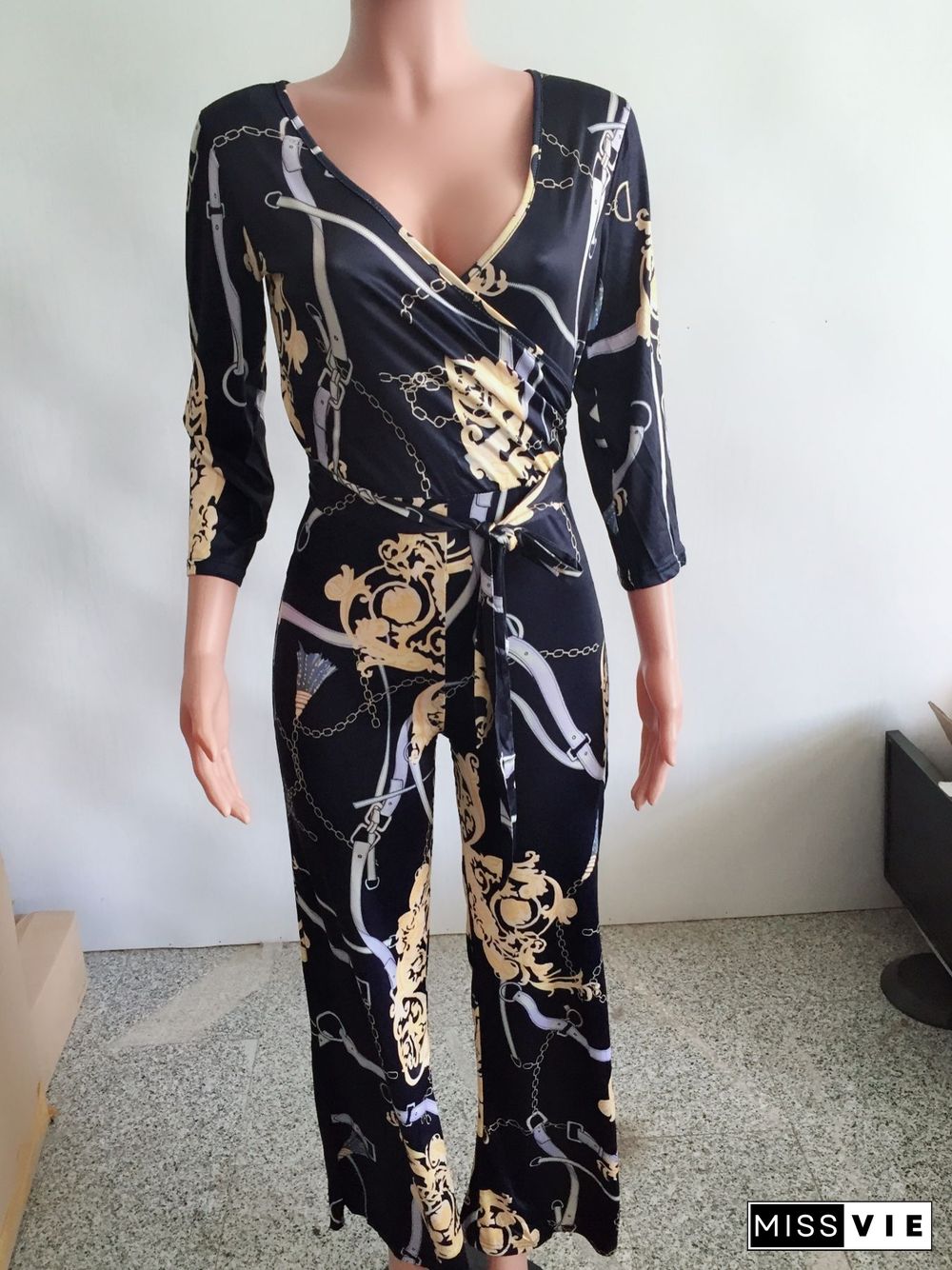 Hot Sales Long Sleeve V-neck High Waist Straight Leg Jumpsuit