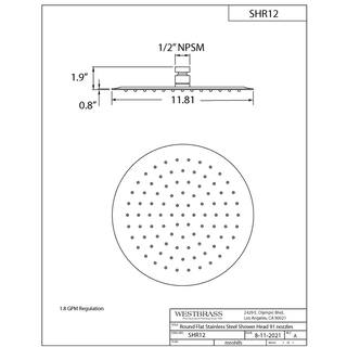 Westbrass 12 in. Round Thin High Pressure Rainfall Shower Head Matte Black SHR12-62