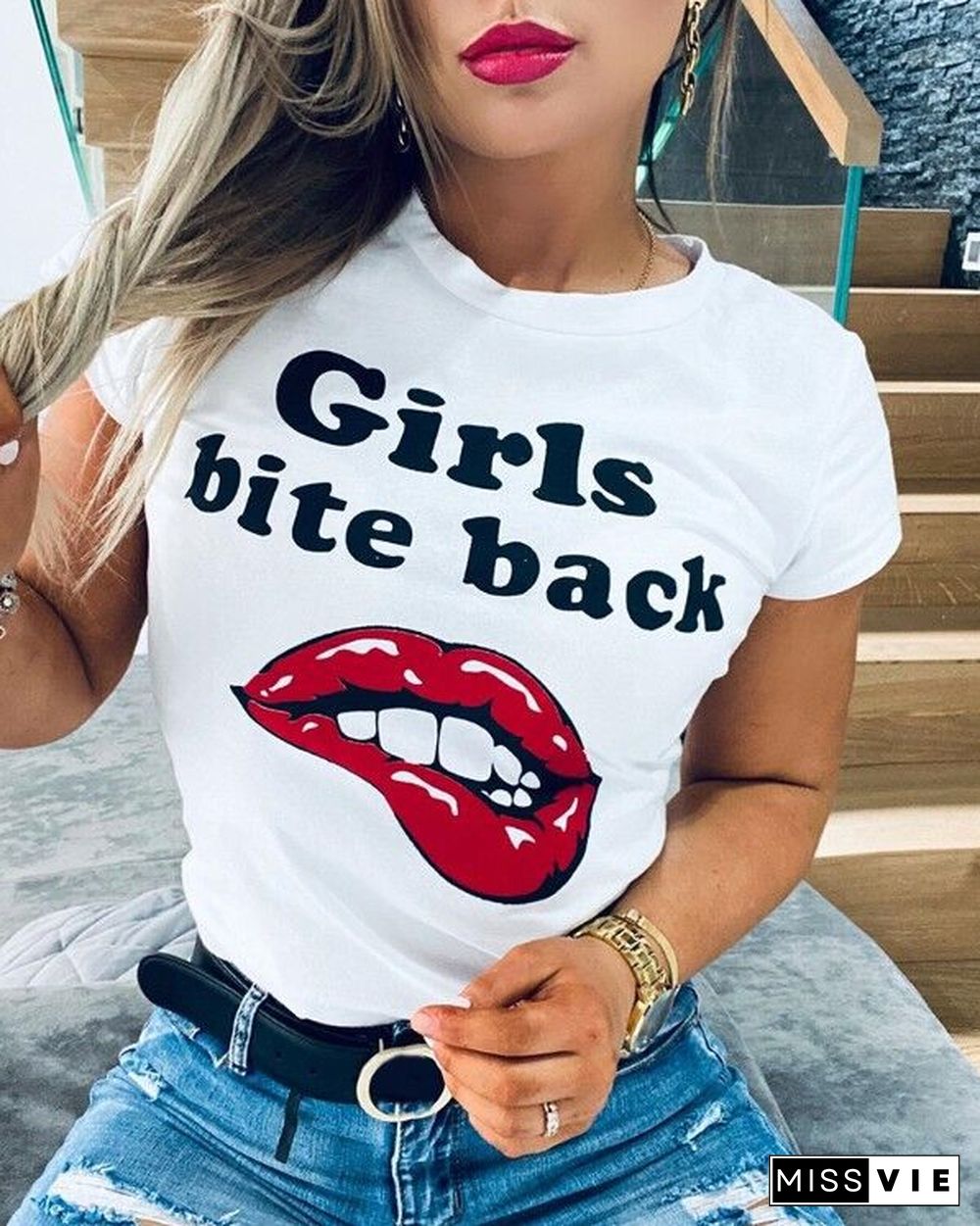 Sexy Printed Plain Colour Round Neck Slim Short Sleeve T-Shirt