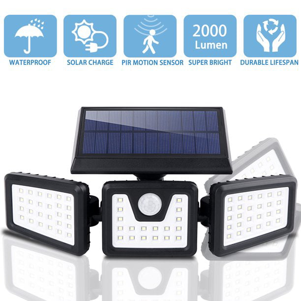 Solar Lights Outdoor，2000Lumen 70LED Solar Security Lights Powered 3 Heads Adjustable Wall Light Flood Lights，Bright and Dark Sensing，Auto On/Off for Patio，Yard，Pathway，Walkway，Garden，Driveway