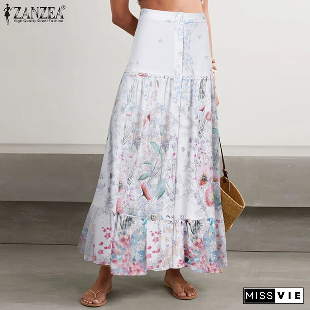 Women Summer Elastic Waist Floral Printed Beach Loose Long Skirts Ruffled Hem Dresses