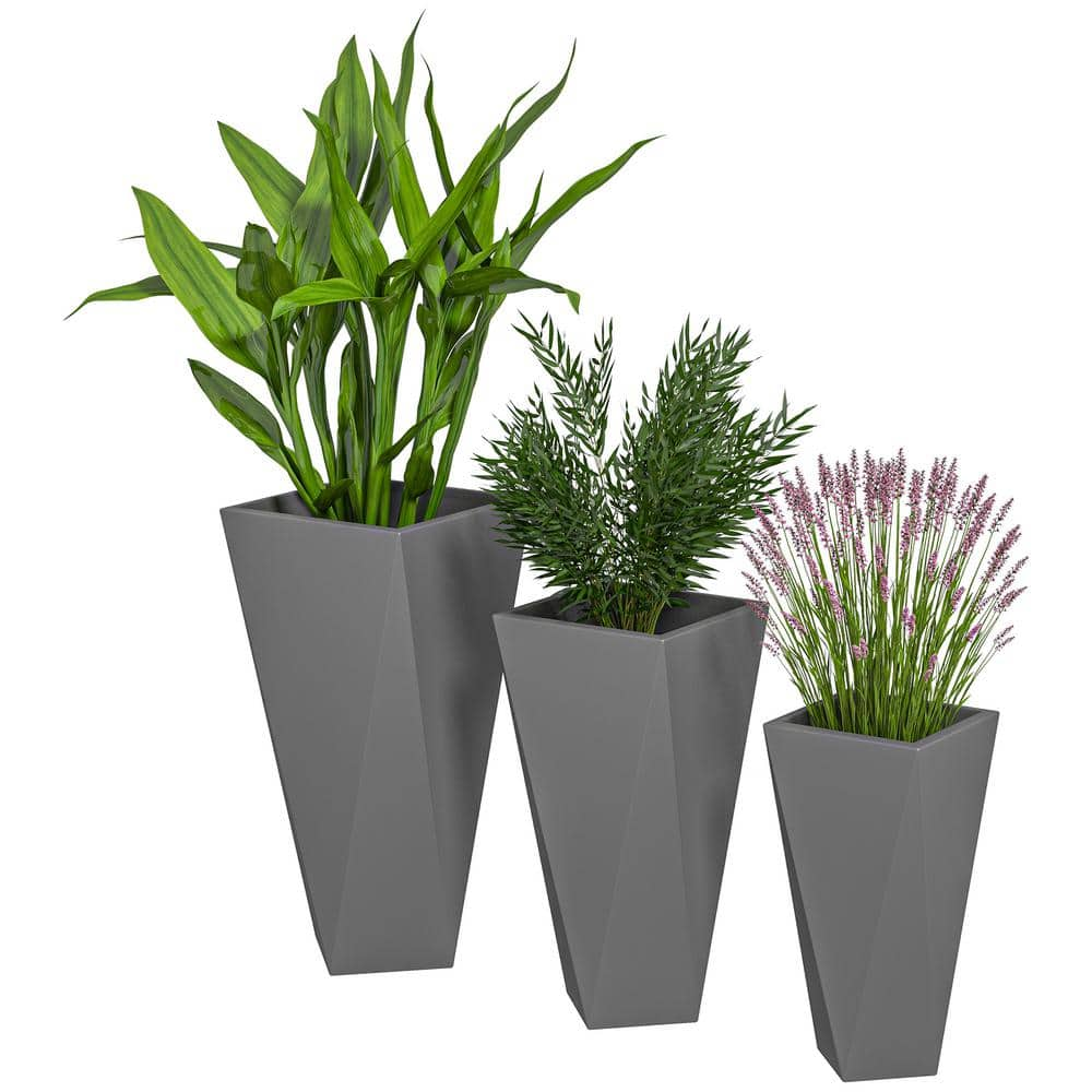 Outsunny Middle 20.5 in. Dia. Gray MgO Composite Planter with Drainage Holes (3-Pack) 84H-109V00GY