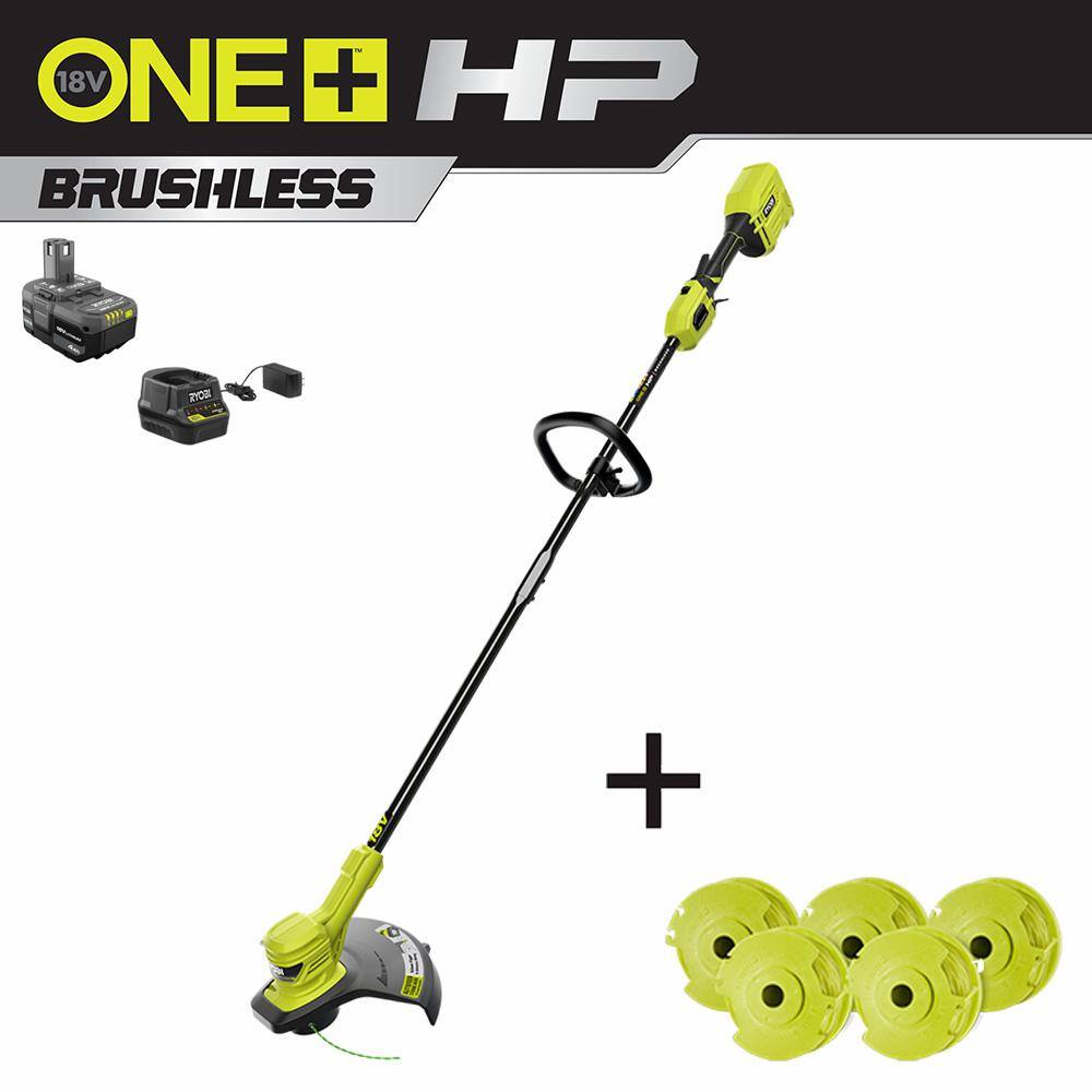 RYOBI ONE+ HP 18V Brushless 13 in. Cordless Battery String Trimmer with Extra 5-Pack of Spools 4.0 Ah Battery and Charger P20120-AC5