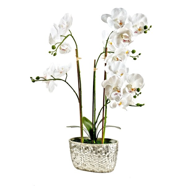 White Real Touch Orchids in Silver Ceramic Planter