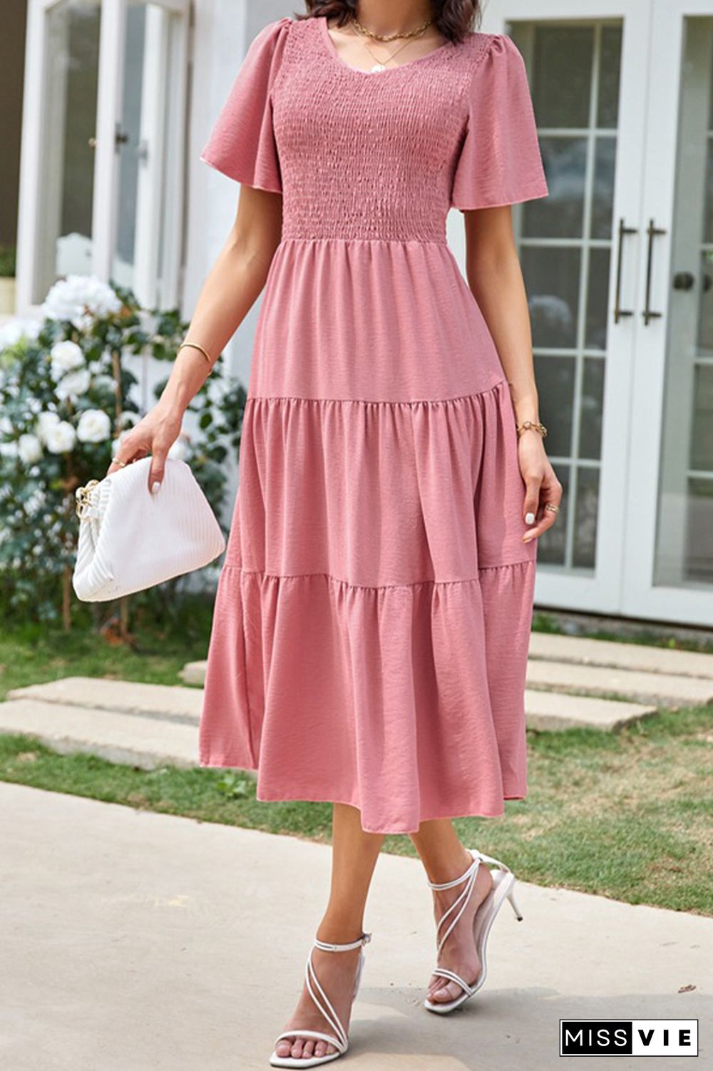 V Neck Smocked Tiered Short Sleeves Dress