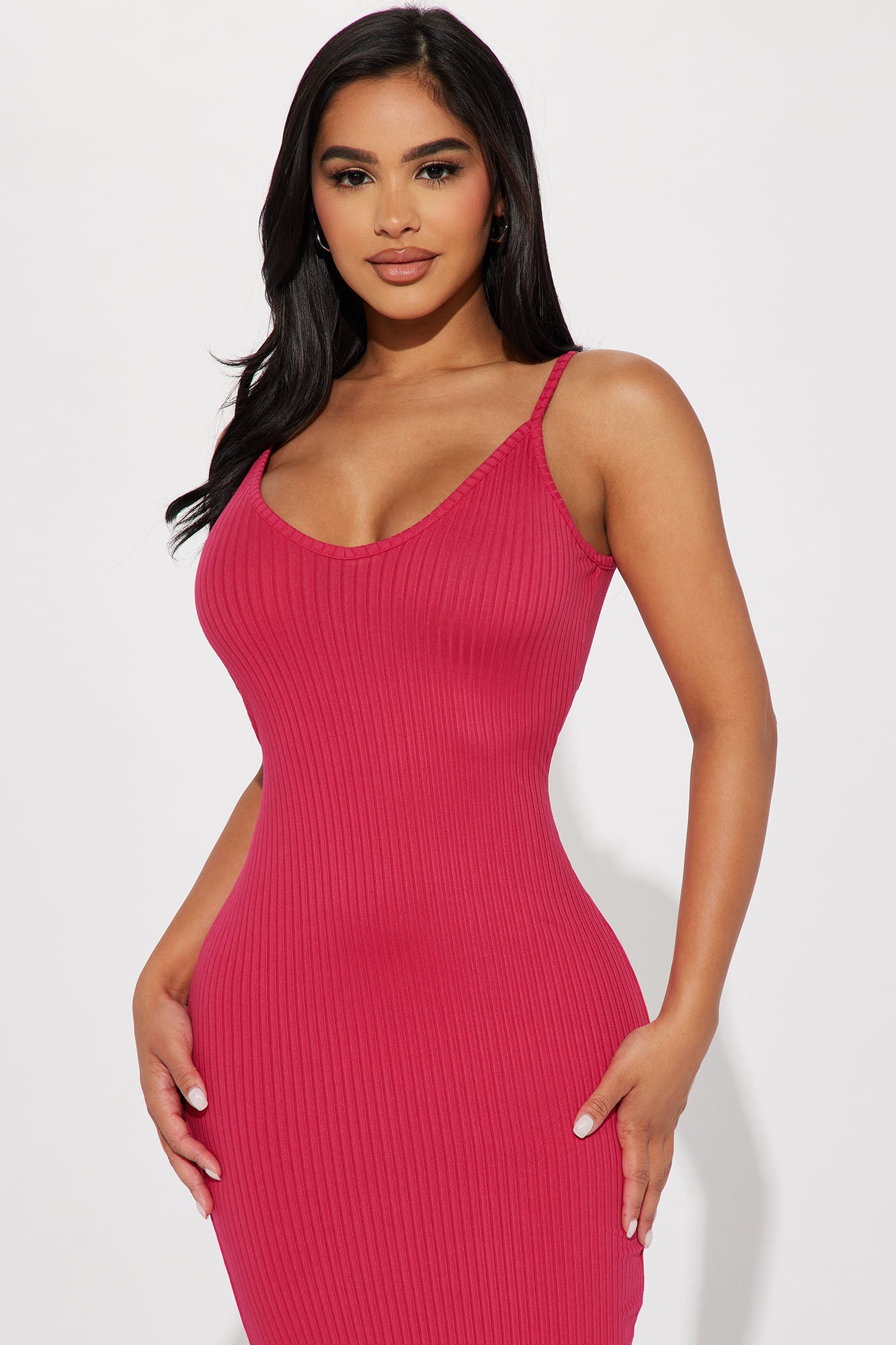 Brenda Ribbed Midi Dress - Fuchsia