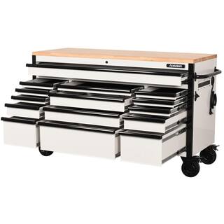 Husky 61 in. W x 23 in. D Heavy-Duty 15-Drawer Mobile Workbench Tool Chest with Solid Wood Top in White H61MWC15GWHD