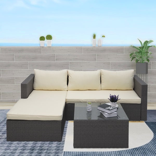 3 Piece Wicker Sectional Conversation Set with Cushions - Grey